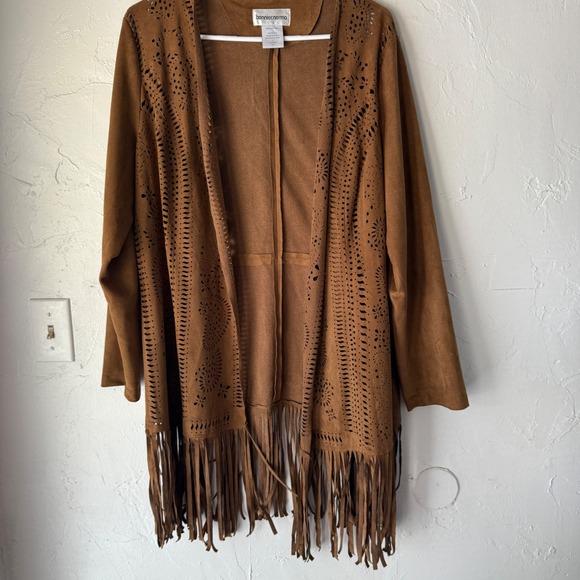 Bonnie & Norma Faux Suede Fringe Duster Open Cardigan Laser Cut Boho Western - Picture 1 of 8